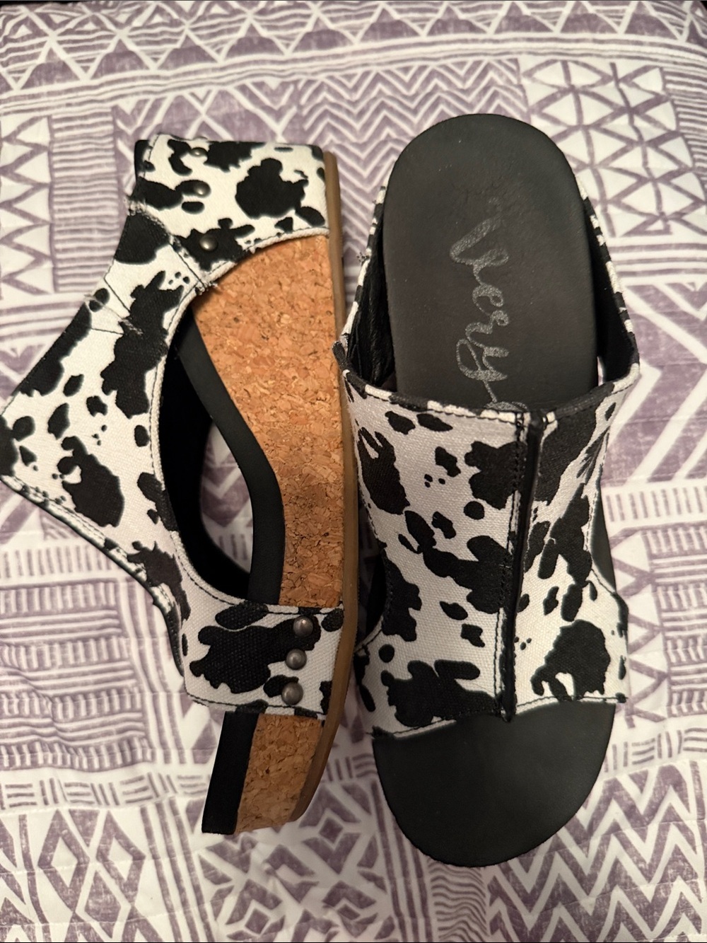 Very G Black and White Cow Print Cork Wedge Sandals